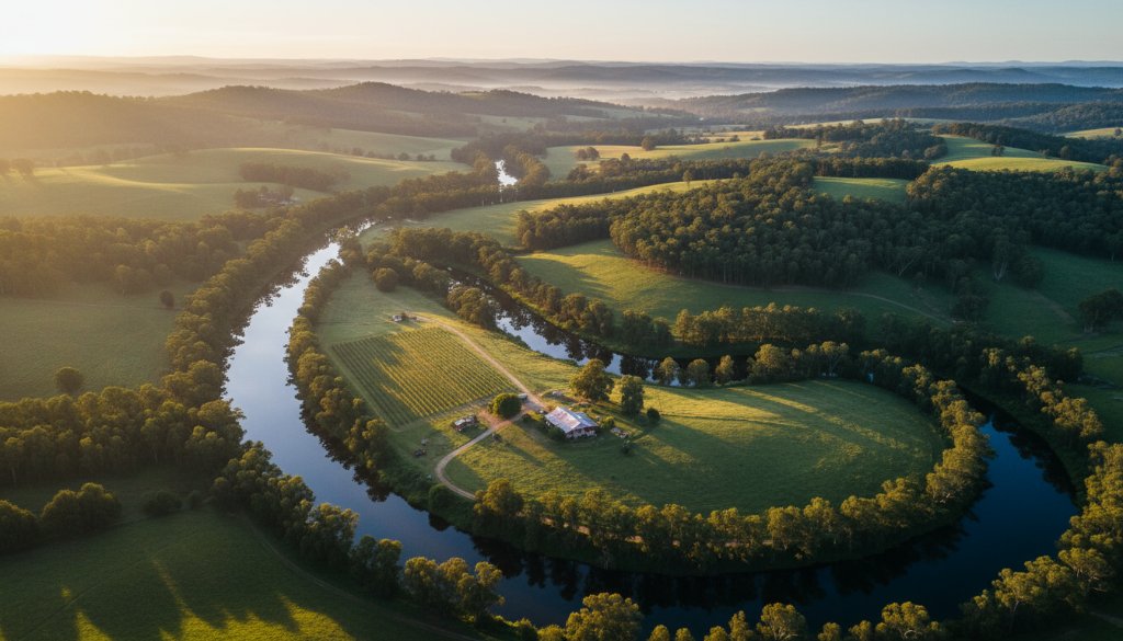 An epic drone photograph showcasing the breathtaking Yarra views of Wonga Park at sunrise, with golden light illuminating the winding Yarra River and surrounding lush, rolling hills, capturing the serene beauty and expansive landscapes.
