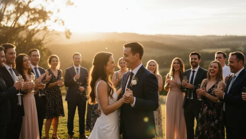 A stunning, wide-angle shot of a joyous wedding reception at a Wonga Park winery, with guests laughing and dancing under twinkling lights, expertly captured by Wonga Park Event Photography: Genuine Joy Captured, showcasing genuine emotion and vibrant celebration.