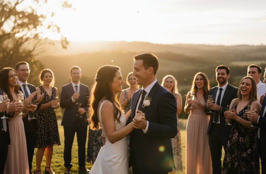 A stunning, wide-angle shot of a joyous wedding reception at a Wonga Park winery, with guests laughing and dancing under twinkling lights, expertly captured by Wonga Park Event Photography: Genuine Joy Captured, showcasing genuine emotion and vibrant celebration.