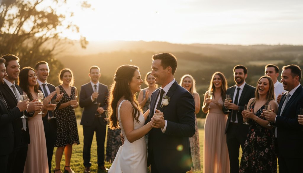 A stunning, wide-angle shot of a joyous wedding reception at a Wonga Park winery, with guests laughing and dancing under twinkling lights, expertly captured by Wonga Park Event Photography: Genuine Joy Captured, showcasing genuine emotion and vibrant celebration.