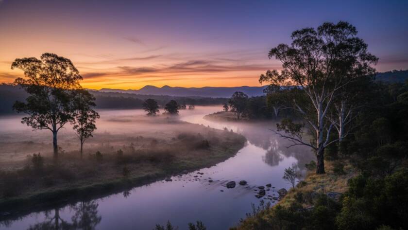 An epic moment captured in Wonga Park fine art landscape photography for heirloom prints, featuring dramatic morning light illuminating mist over the Yarra River, with majestic gum trees silhouetted against a vibrant sunrise, evoking a sense of timeless beauty and serene grandeur.
