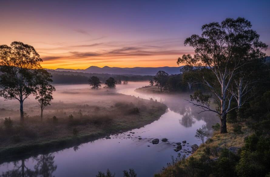 An epic moment captured in Wonga Park fine art landscape photography for heirloom prints, featuring dramatic morning light illuminating mist over the Yarra River, with majestic gum trees silhouetted against a vibrant sunrise, evoking a sense of timeless beauty and serene grandeur.