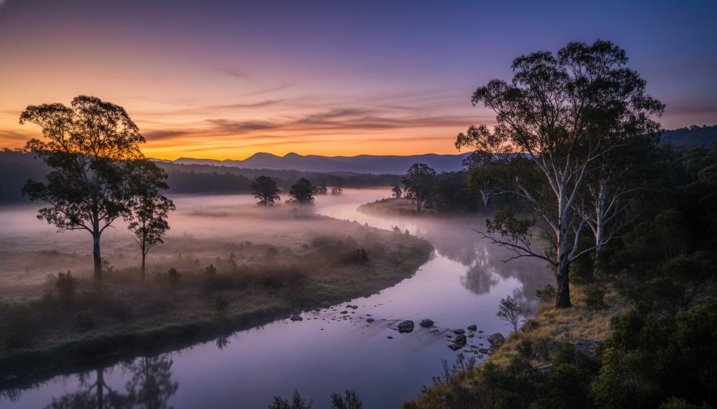 An epic moment captured in Wonga Park fine art landscape photography for heirloom prints, featuring dramatic morning light illuminating mist over the Yarra River, with majestic gum trees silhouetted against a vibrant sunrise, evoking a sense of timeless beauty and serene grandeur.