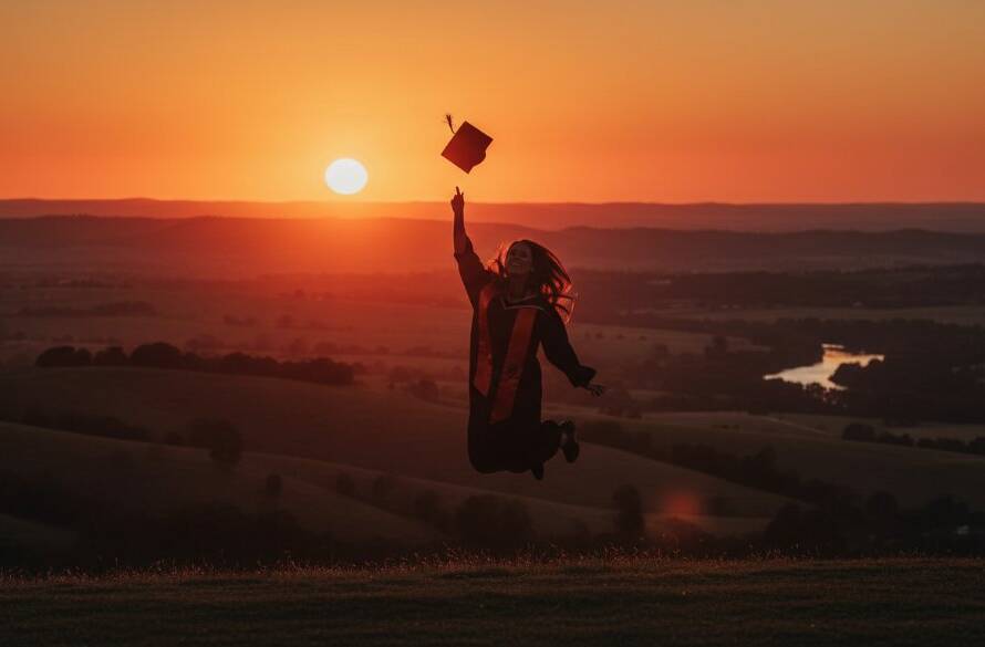 A graduate in Wonga Park celebrating their achievement with a vibrant, sun-drenched Wonga Park graduation photography Yarra Ranges scenic portrait, arms outstretched against the picturesque Yarra Ranges landscape at sunset.