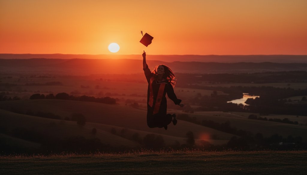 A graduate in Wonga Park celebrating their achievement with a vibrant, sun-drenched Wonga Park graduation photography Yarra Ranges scenic portrait, arms outstretched against the picturesque Yarra Ranges landscape at sunset.