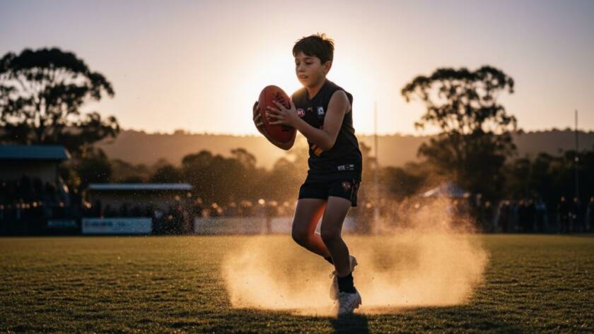 An epic moment of Wonga Park junior sports photography excellence, capturing a young footballer mid-air making a spectacular mark, with intense focus, dust rising, dramatic light, and a cheering crowd in the background.
