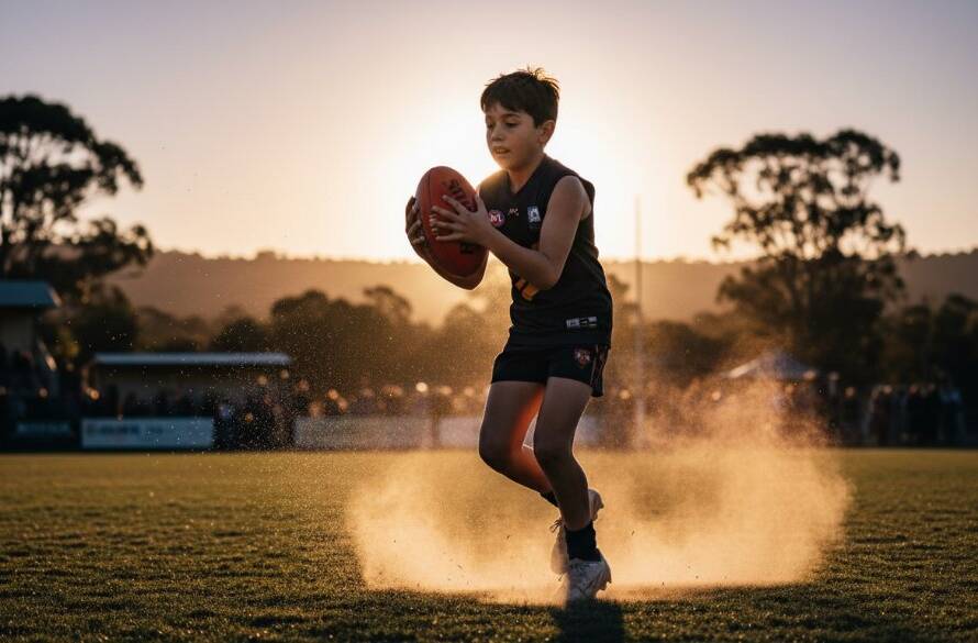 An epic moment of Wonga Park junior sports photography excellence, capturing a young footballer mid-air making a spectacular mark, with intense focus, dust rising, dramatic light, and a cheering crowd in the background.
