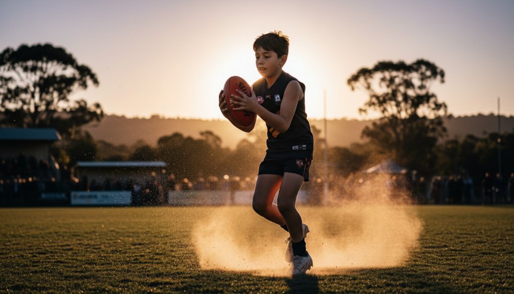 An epic moment of Wonga Park junior sports photography excellence, capturing a young footballer mid-air making a spectacular mark, with intense focus, dust rising, dramatic light, and a cheering crowd in the background.