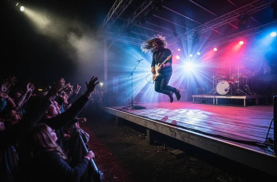 Dramatic wide shot showcasing a lead singer mid-performance, bathed in vibrant stage lights, capturing an epic moment of Wonga Park live music photography during a high-energy concert, with the crowd visible in the foreground.