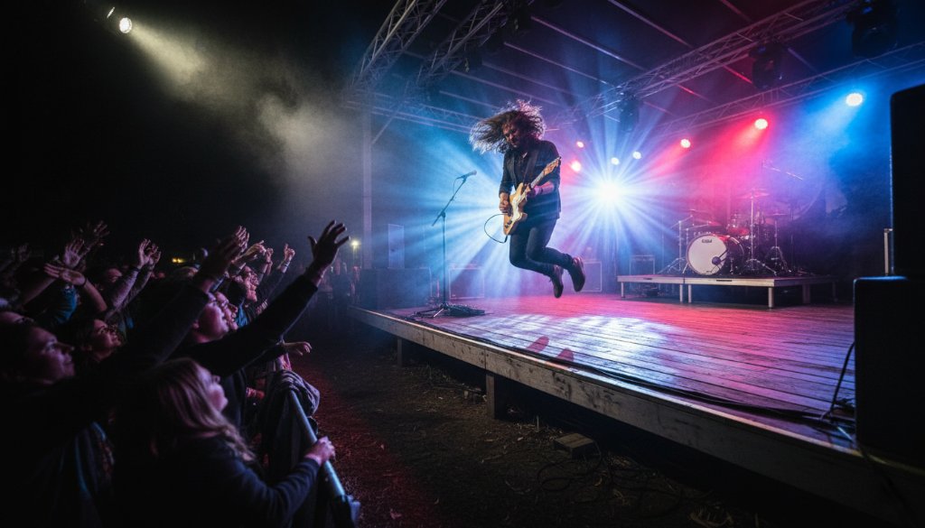 Dramatic wide shot showcasing a lead singer mid-performance, bathed in vibrant stage lights, capturing an epic moment of Wonga Park live music photography during a high-energy concert, with the crowd visible in the foreground.