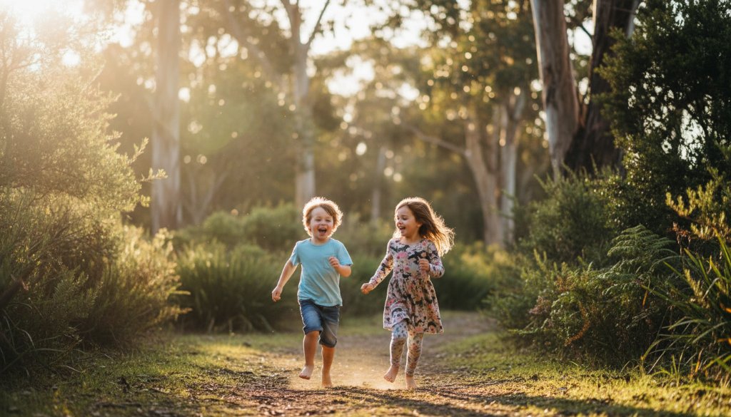 A wide shot of two children laughing joyously while exploring a sun-dappled trail in Wonga Park, capturing their Wonga Park natural kids photography adventures with golden hour light.