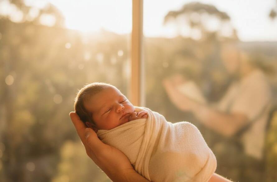 A heartwarming and professionally color-graded 'epic moment' photograph of a baby peacefully sleeping in a rustic wooden crib, bathed in soft, ethereal natural light streaming through a window, set against a backdrop suggesting the tranquil, leafy environment of Wonga Park, Victoria. The image showcases the delicate features of the newborn and the serene atmosphere of a Wonga Park natural light baby photography session.
