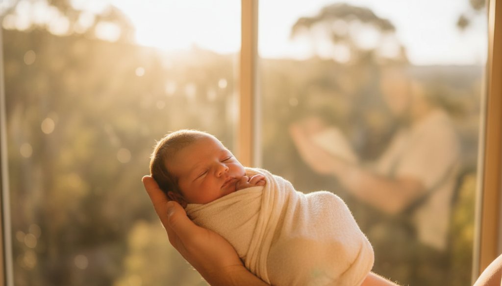 A heartwarming and professionally color-graded 'epic moment' photograph of a baby peacefully sleeping in a rustic wooden crib, bathed in soft, ethereal natural light streaming through a window, set against a backdrop suggesting the tranquil, leafy environment of Wonga Park, Victoria. The image showcases the delicate features of the newborn and the serene atmosphere of a Wonga Park natural light baby photography session.