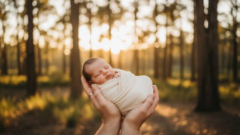 A heartwarming Wonga Park newborn photography beautiful family moments shot, featuring a sleeping baby nestled safely in parents' hands, bathed in soft, ethereal natural light filtering through gum trees at sunrise, creating a serene, cinematic portrait.