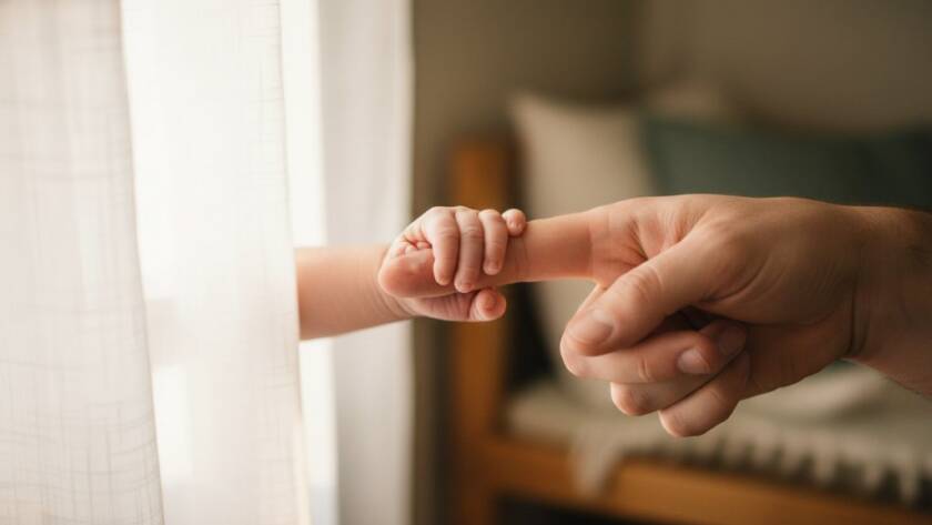 An intimate, epic moment photograph showing a serene newborn baby wrapped in soft cream fabric, gently held in a parent's hands, with warm, golden light filtering through a window in a rustic Wonga Park home, encapsulating the essence of Wonga Park newborn photography cherished heirlooms with tender emotion.