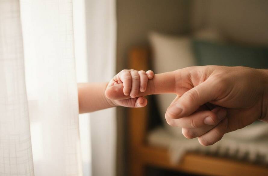 An intimate, epic moment photograph showing a serene newborn baby wrapped in soft cream fabric, gently held in a parent's hands, with warm, golden light filtering through a window in a rustic Wonga Park home, encapsulating the essence of Wonga Park newborn photography cherished heirlooms with tender emotion.