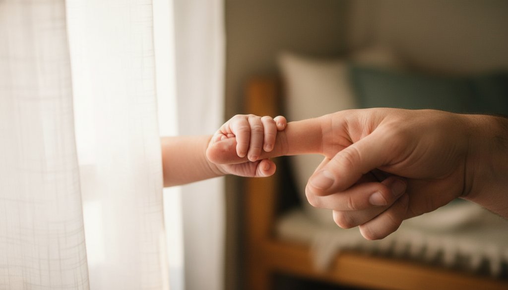 An intimate, epic moment photograph showing a serene newborn baby wrapped in soft cream fabric, gently held in a parent's hands, with warm, golden light filtering through a window in a rustic Wonga Park home, encapsulating the essence of Wonga Park newborn photography cherished heirlooms with tender emotion.