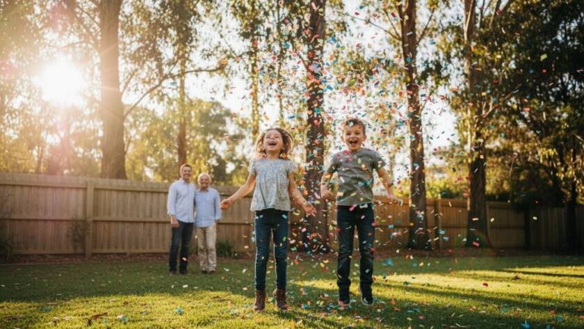 Dynamic shot of children laughing and playing under colourful streamers at a Wonga Park outdoor party, perfectly capturing Wonga Park party photography vibrant memories with dramatic, warm sunlight filtering through eucalyptus trees.