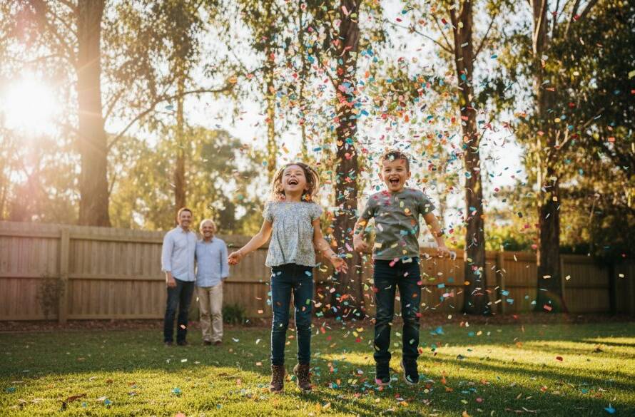 Dynamic shot of children laughing and playing under colourful streamers at a Wonga Park outdoor party, perfectly capturing Wonga Park party photography vibrant memories with dramatic, warm sunlight filtering through eucalyptus trees.