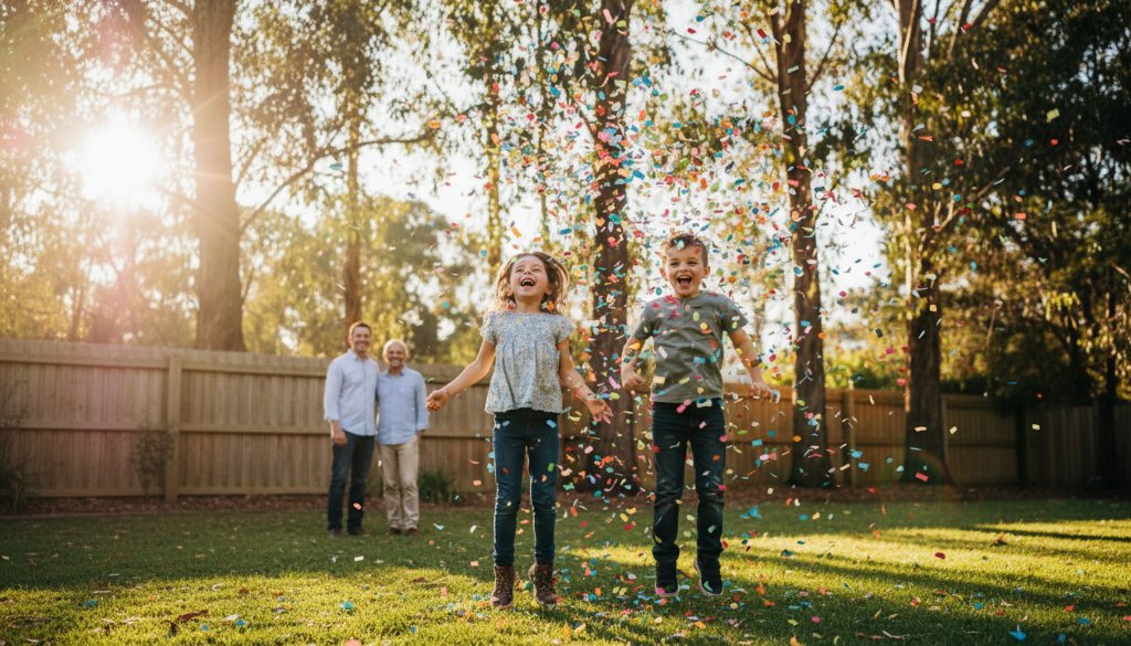 Dynamic shot of children laughing and playing under colourful streamers at a Wonga Park outdoor party, perfectly capturing Wonga Park party photography vibrant memories with dramatic, warm sunlight filtering through eucalyptus trees.