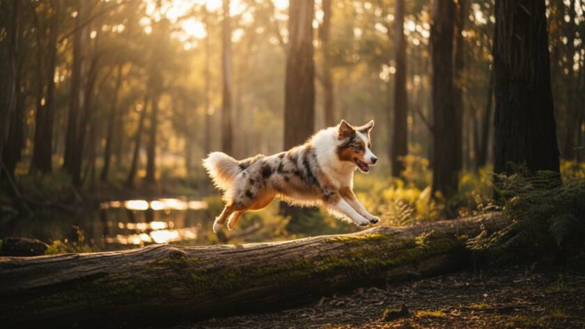 A golden retriever joyfully leaps through tall, sun-drenched grass at dusk in Wonga Park, capturing the essence of Wonga Park pet photography adventure with dramatic backlighting.