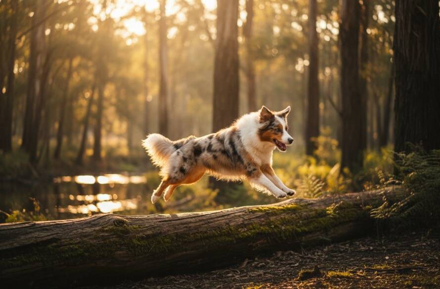 A golden retriever joyfully leaps through tall, sun-drenched grass at dusk in Wonga Park, capturing the essence of Wonga Park pet photography adventure with dramatic backlighting.