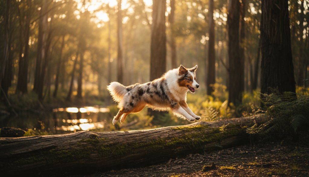 A golden retriever joyfully leaps through tall, sun-drenched grass at dusk in Wonga Park, capturing the essence of Wonga Park pet photography adventure with dramatic backlighting.