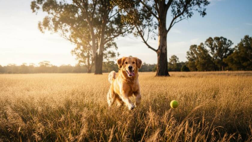 An emotionally resonant, professional photograph of a golden retriever joyfully leaping through sun-drenched, long golden grass in a Wonga Park natural reserve, capturing an epic moment of pure joy and connection, embodying Wonga Park pet photography cherished family memories.