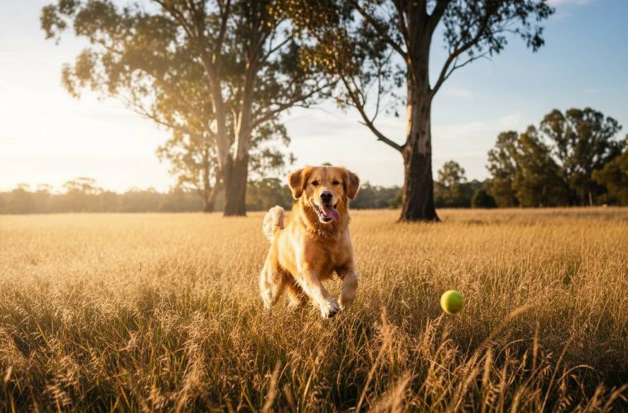 An emotionally resonant, professional photograph of a golden retriever joyfully leaping through sun-drenched, long golden grass in a Wonga Park natural reserve, capturing an epic moment of pure joy and connection, embodying Wonga Park pet photography cherished family memories.