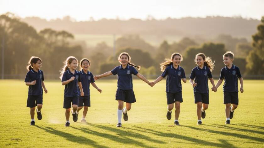 A heartwarming, sun-drenched photograph of Wonga Park primary school children laughing and playing freely on a lush oval, showcasing exceptional Wonga Park primary school photography capturing candid joy with natural, vibrant colours.