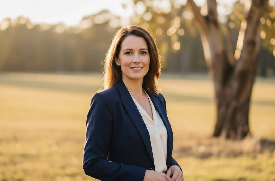 A vibrant Wonga Park professional headshots for local creatives, featuring a female artist with a confident smile, dappled golden hour light filtering through gum trees, creating a warm and inspiring 'epic moment' portrait.