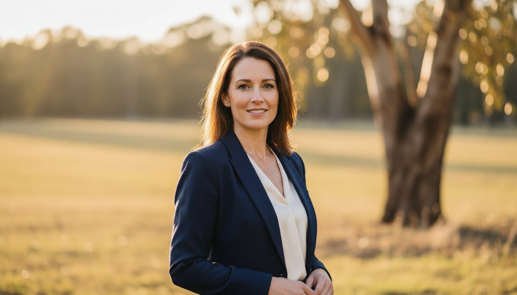 A vibrant Wonga Park professional headshots for local creatives, featuring a female artist with a confident smile, dappled golden hour light filtering through gum trees, creating a warm and inspiring 'epic moment' portrait.