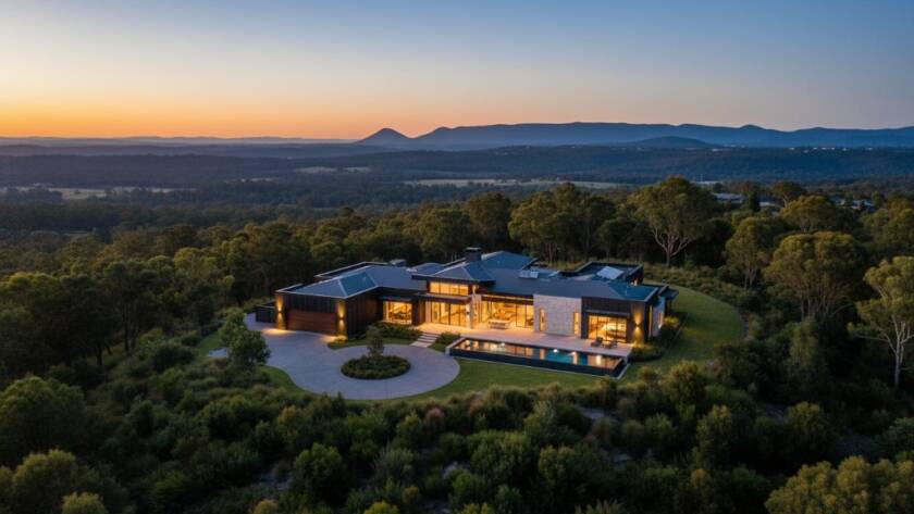 An 'epic moment' aerial view showcasing a stunning modern home in Wonga Park, Victoria, at sunrise, surrounded by lush native bushland, highlighting how Wonga Park Property Photography: Elevate Listings by capturing the unique beauty and serenity of the location, with dramatic golden light, long shadows, and a perfectly composed wide shot.