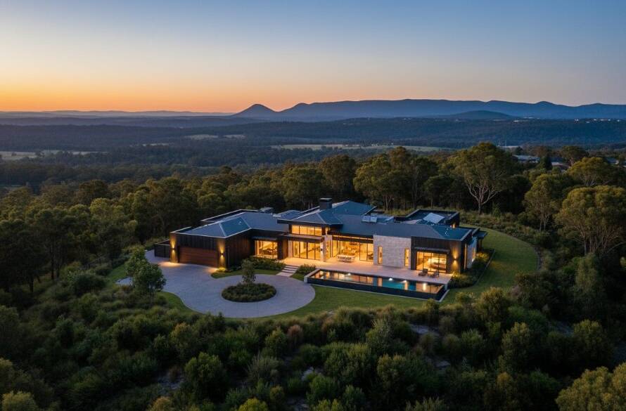 An 'epic moment' aerial view showcasing a stunning modern home in Wonga Park, Victoria, at sunrise, surrounded by lush native bushland, highlighting how Wonga Park Property Photography: Elevate Listings by capturing the unique beauty and serenity of the location, with dramatic golden light, long shadows, and a perfectly composed wide shot.