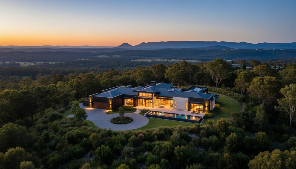 An 'epic moment' aerial view showcasing a stunning modern home in Wonga Park, Victoria, at sunrise, surrounded by lush native bushland, highlighting how Wonga Park Property Photography: Elevate Listings by capturing the unique beauty and serenity of the location, with dramatic golden light, long shadows, and a perfectly composed wide shot.