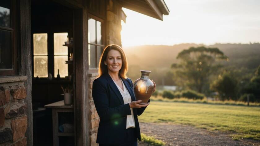An epic moment of a local Wonga Park artisan proudly showcasing their handcrafted product amidst the lush, natural backdrop of Wonga Park, captured with dramatic, golden hour lighting, embodying Wonga Park Victoria business advertising photography.