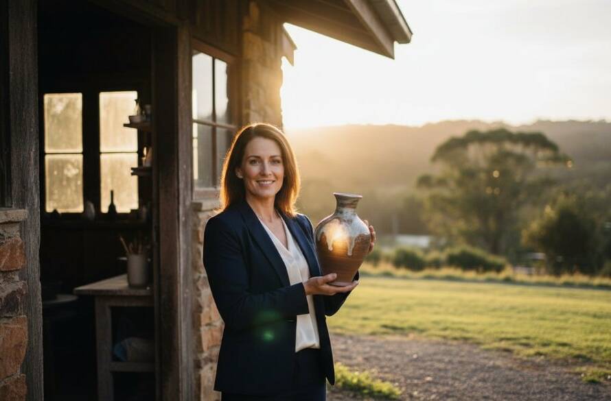 An epic moment of a local Wonga Park artisan proudly showcasing their handcrafted product amidst the lush, natural backdrop of Wonga Park, captured with dramatic, golden hour lighting, embodying Wonga Park Victoria business advertising photography.