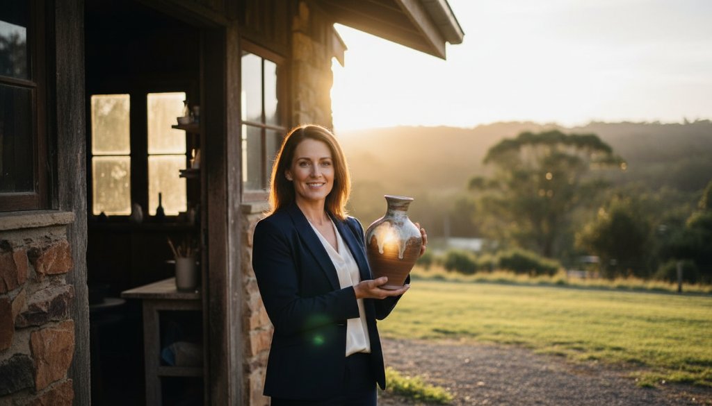An epic moment of a local Wonga Park artisan proudly showcasing their handcrafted product amidst the lush, natural backdrop of Wonga Park, captured with dramatic, golden hour lighting, embodying Wonga Park Victoria business advertising photography.