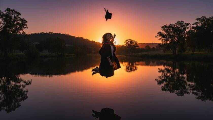 A triumphant graduate, beaming with joy in their cap and gown, holds their scroll aloft against the stunning, sun-drenched backdrop of the Yarra River in Wonga Park, capturing their Wonga Park Victoria graduation photography cherished memories in an epic, professionally lit moment.