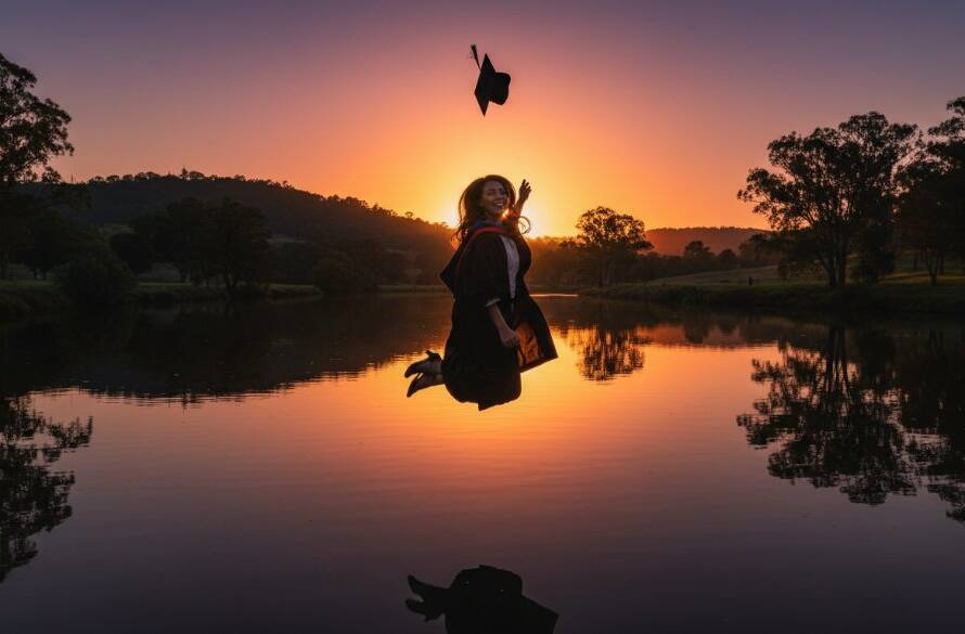A triumphant graduate, beaming with joy in their cap and gown, holds their scroll aloft against the stunning, sun-drenched backdrop of the Yarra River in Wonga Park, capturing their Wonga Park Victoria graduation photography cherished memories in an epic, professionally lit moment.
