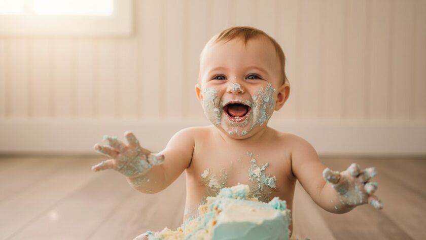 A professional, vibrant photograph of a gleeful baby covered in cake frosting during an epic "Wonthaggi baby's first birthday cake smash photoshoot", set against a rustic Wonthaggi backdrop with dramatic natural light capturing pure, unadulterated joy.