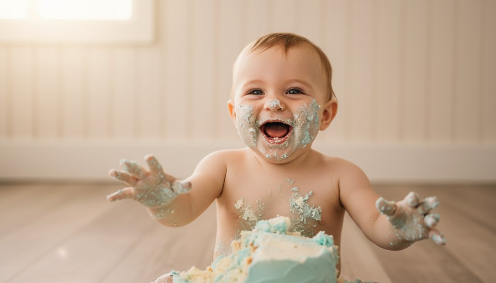 A professional, vibrant photograph of a gleeful baby covered in cake frosting during an epic "Wonthaggi baby's first birthday cake smash photoshoot", set against a rustic Wonthaggi backdrop with dramatic natural light capturing pure, unadulterated joy.