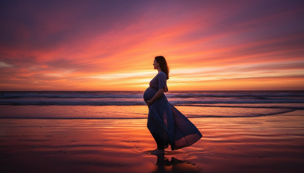 An expectant mother, silhouetted against a vibrant orange and purple Wonthaggi beach sunset, gently cradles her belly as soft waves lap at her feet, capturing the ethereal beauty of Wonthaggi beach maternity photos sunset glow with dramatic, cinematic lighting.