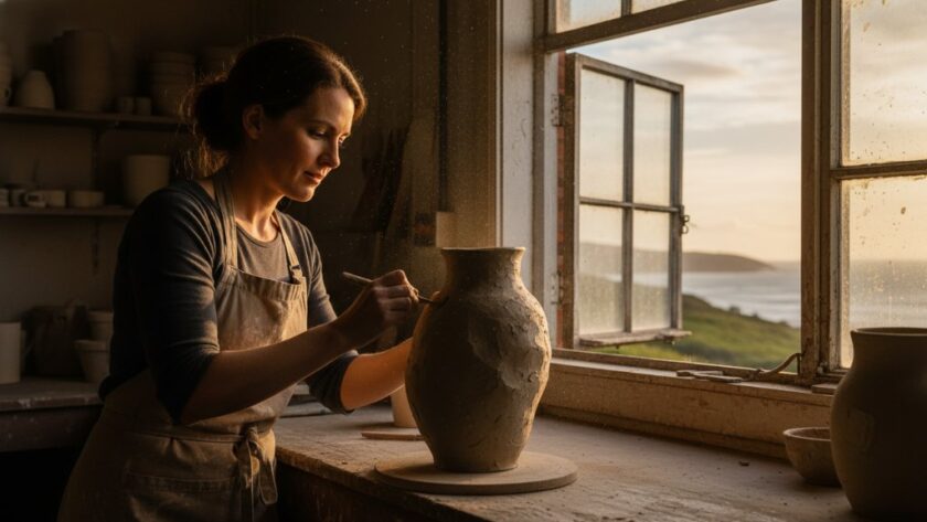 An epic moment captured in Wonthaggi commercial photography for impactful brand storytelling: A local artisan proudly showcasing their handmade product in a warmly lit workshop, with the rugged Bass Coast landscape visible through a window, professional, cinematic.
