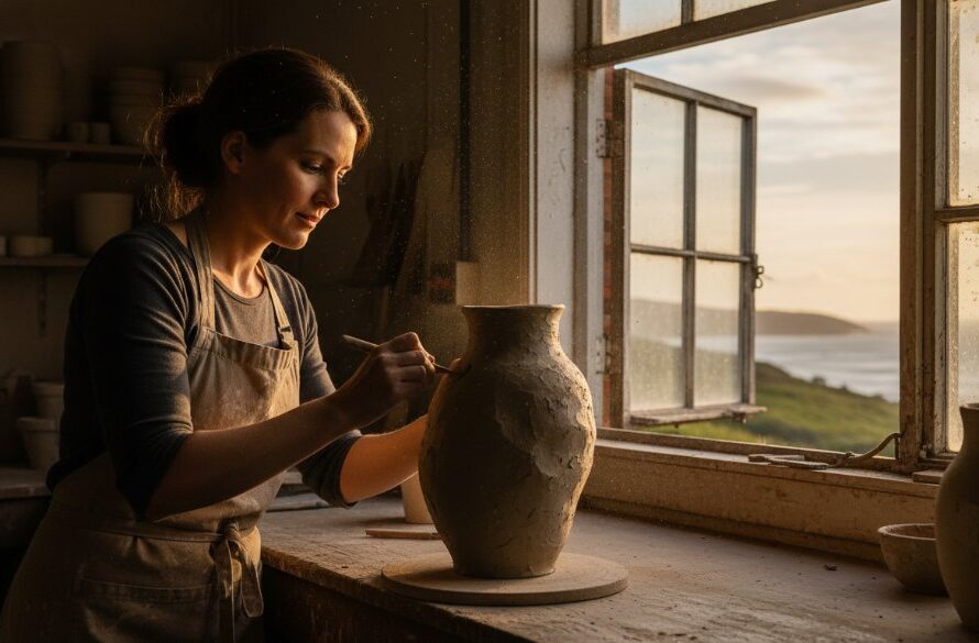 An epic moment captured in Wonthaggi commercial photography for impactful brand storytelling: A local artisan proudly showcasing their handmade product in a warmly lit workshop, with the rugged Bass Coast landscape visible through a window, professional, cinematic.