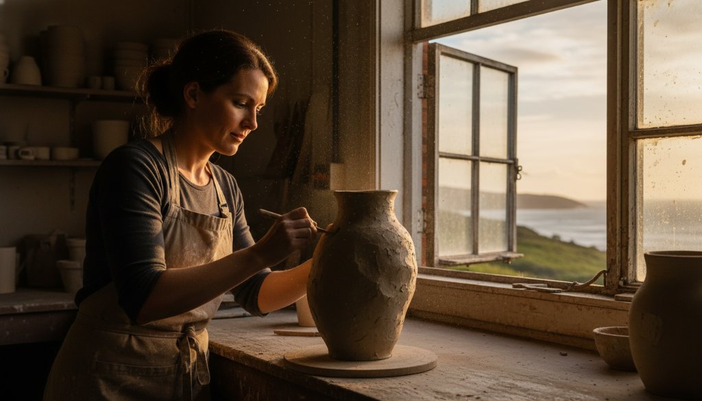 An epic moment captured in Wonthaggi commercial photography for impactful brand storytelling: A local artisan proudly showcasing their handmade product in a warmly lit workshop, with the rugged Bass Coast landscape visible through a window, professional, cinematic.