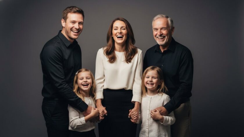 An emotionally resonant, epic moment captured in a Wonthaggi creative studio photography session, showing a family's joyous laughter in dramatic, professional lighting against a minimalist backdrop, creating a timeless memory.