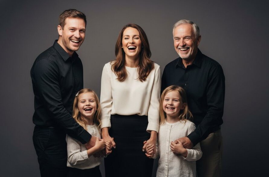 An emotionally resonant, epic moment captured in a Wonthaggi creative studio photography session, showing a family's joyous laughter in dramatic, professional lighting against a minimalist backdrop, creating a timeless memory.
