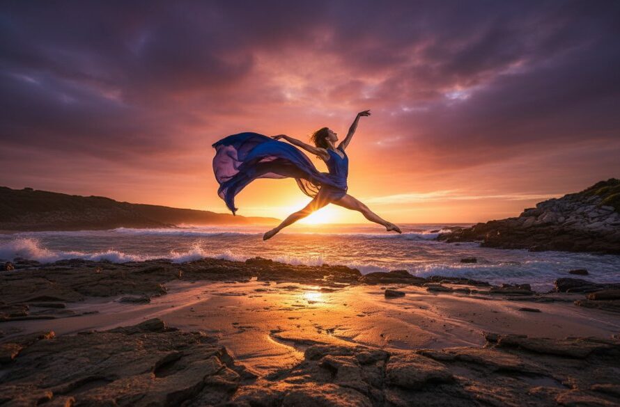 An epic moment in Wonthaggi Dance Photography Capturing Coastal Movement, featuring a dancer in dynamic mid-air leap on a rugged beach at sunset, dramatic lighting, capturing raw emotion and powerful artistry.