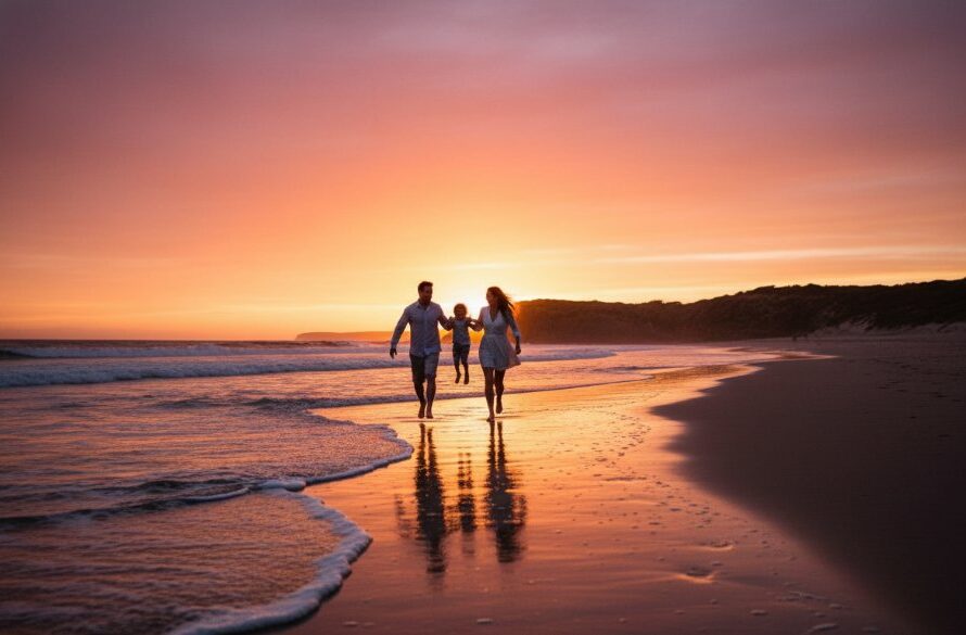 A joyous family moment captured during a Wonthaggi family photography natural light adventures session, with parents playfully swinging their child against a dramatic sunset backdrop on a Wonthaggi beach, showcasing authentic connection and beautiful natural light.